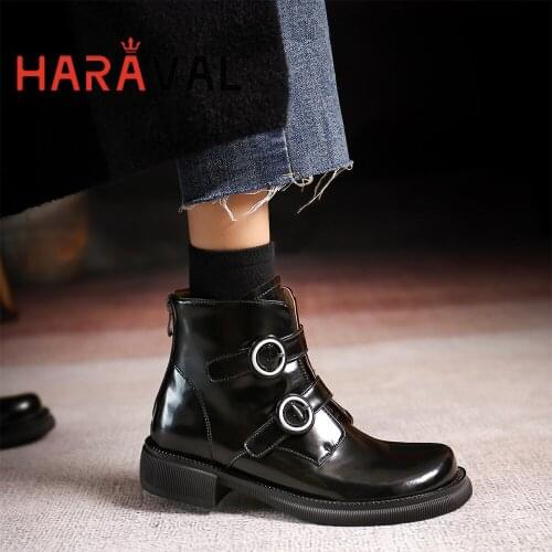 HARAVAL Women Ankle Boots Shoes Round Toe Motorcycle Boots Spring/Autumn Solid Black Elegant Women Low Heels Footwear E382L