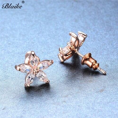 Blaike White Crystal Zircon Star Stud Earrings For Women Men Vintage Rose Gold Filled Birthstone Flower Earrings Fashion Jewelry