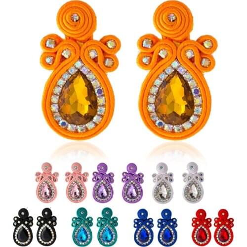 Soutache womens earrings Colorful weaving Big Stud earring Fashion crystals Dangle blue orange pink red New jewelry female gift