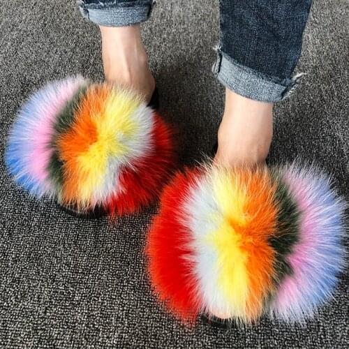 Genuine Fox Hair Slippers Lady Flip Flop Slides Summer Beach Fox Fur Slides Sandals Plus Shoes Woman