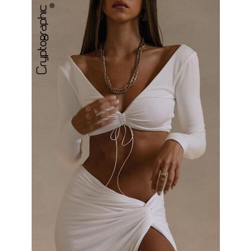 Cryptographic Autumn Fashion Outfits Top and Skirt Set Women Drawstring Ruched Long Sleeve Two Piece Set Bodycon Skirts Split