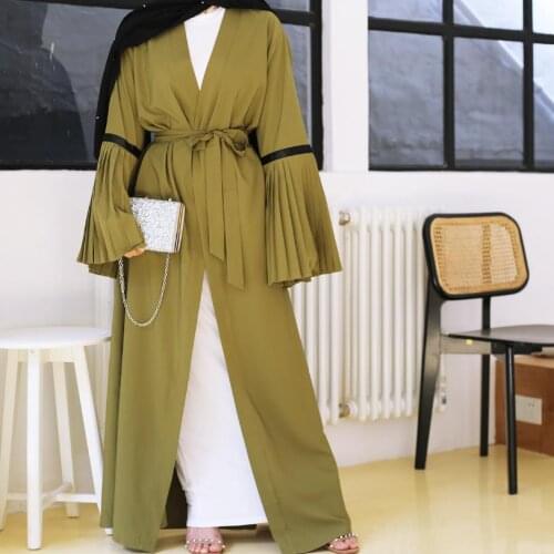 Plus size Fashion pleated flare sleeve abaya for muslim adult female full length prayer islamic cardigan dress with belt F955