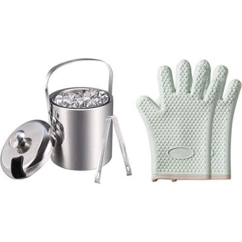 1 Set Ice Buckets with Ice Tongs,Double Wall Ice Bucket with Lid & 1 Pcs Kitchen Silicone Heat-Insulating Gloves