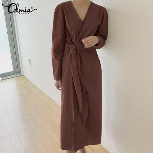 2021 Fashion Women Office Loose Shirt Dress Celmia Casual Long Sleeve V-neck Solid Color Sundress Elegant Work Bandage Dresses 7