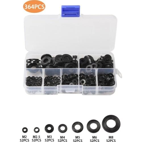 364Pcs Metric M2-M8 Black Nylon Rubber Flat Ring Plain Repair Washer Furniture Gasket Assortment Kit