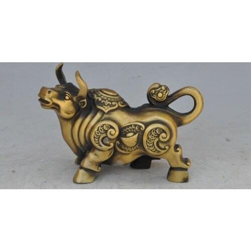 5"china fengshui bronze wealth money coin ingot yuanbao ruyi Ox bull oxen statue
