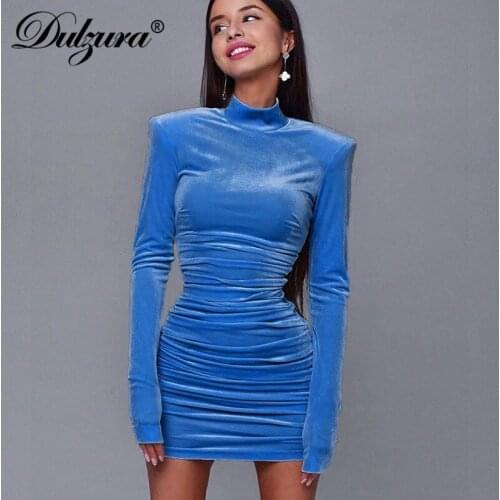 Dulzura velvet mini dress women long sleeve shoulder pad ruched bodycon sexy streetwear party elegant 2020 autumn winter club