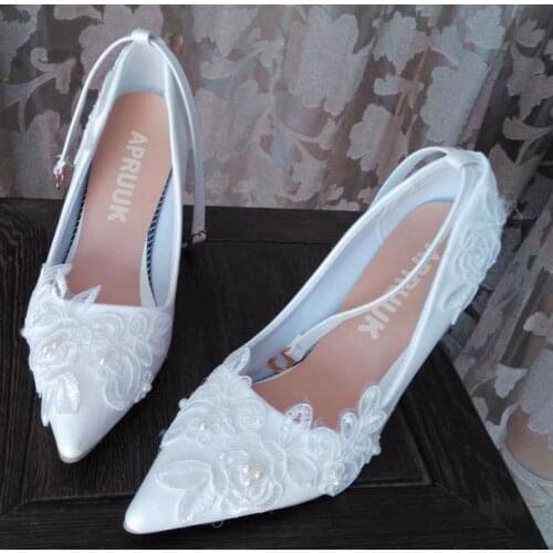 White lace wedding shoes woman sexy stiletto pumps shoes womens point toes thin high heeled bridal ankle straps pumps shoe