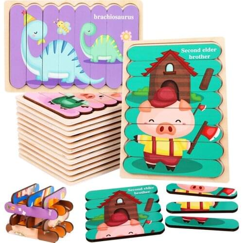 Kids Montessori Educational Toys 3D Puzzle Double-sided Stripe Cognition Wooden Puzzle Early learning Toys for Children