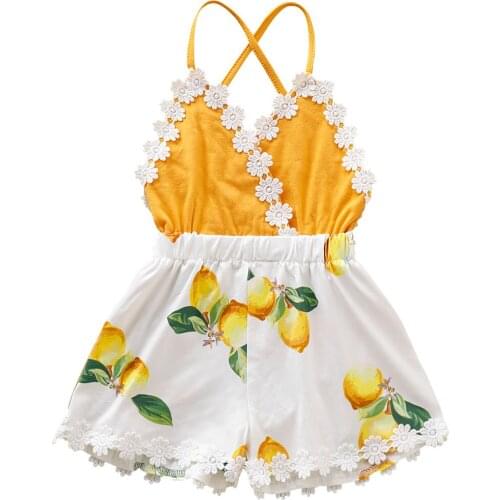 Toddler Kids Baby Girl Clothes Lemon Printed Patchwork Flower Romper Backless Clothes Sunsuit Outfits Fashion Floral