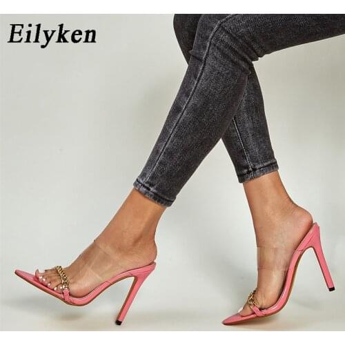 Eilyken Fashion Metal Chain Design PVC Transparent Women Slippers Summer Sexy Thin High Heels Shoes Pointed Toe Slides Sandals