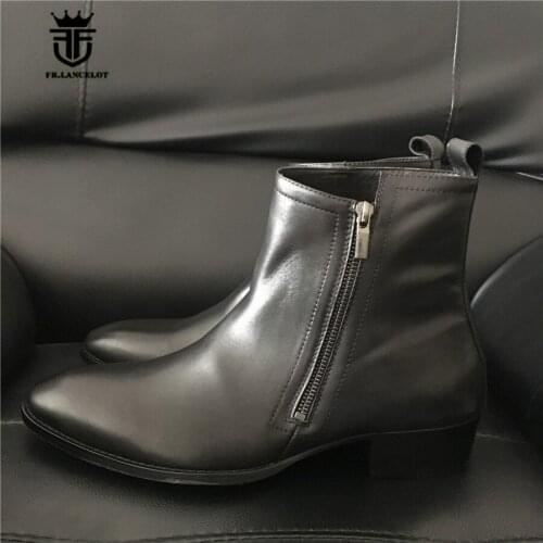 Handmade Exclusive 4 Color Men Side Zip Pointed Toe Genuine Leather Denim Chelsea Boots Wedge Dress Men Shoes