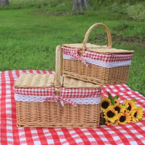 Picnic Basket Hand Made Wicker Bags Camping Shopping Storage Hamper with Lid Picnic Food Basket Woven Fruit Storage Basket