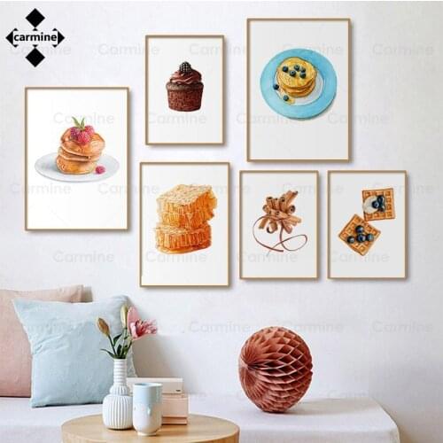 Kitchen Decor Modern Dessert Watercolor Poster and Print Cake Waffle Canvas Painting Wall Art Picture for Dining Room Decoration
