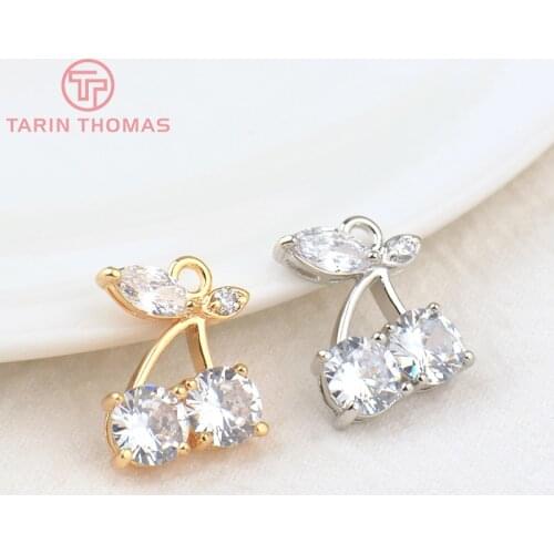 4PCS13x17MM 24KGold Color Plated Brass With Zircon Cherry Charms Pendants High Quality Diy Jewelry Accessories
