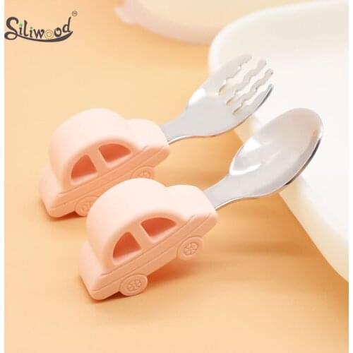 2pc Children Utensil Stainless Steel Baby Tableware Set Infant Food Feeding Spoon Fork Car Shape Toddler Dinnerware Kids Cutlery