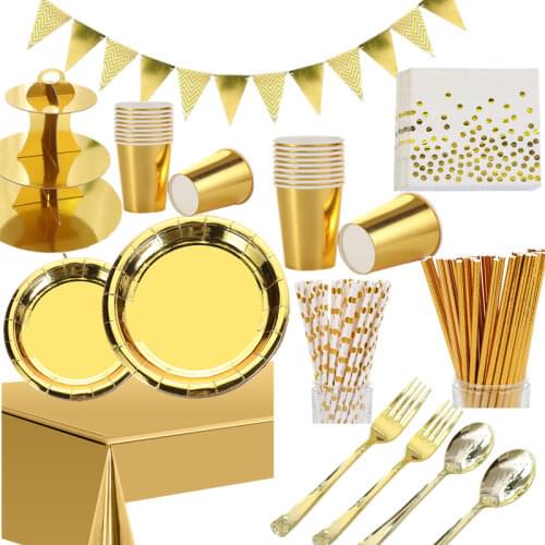 Gold Party Disposable Tableware Set Party Table Decoration Paper Cups Plates Straws Wedding Birthday Party Supplies