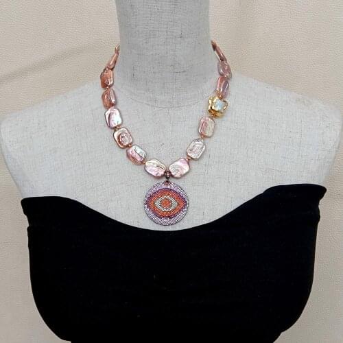 YYGEM Natural Freshwater pearl Purple Keshi Pearl Rectangle Shape Necklace Cz Pave Evil Eye Pendant 18"