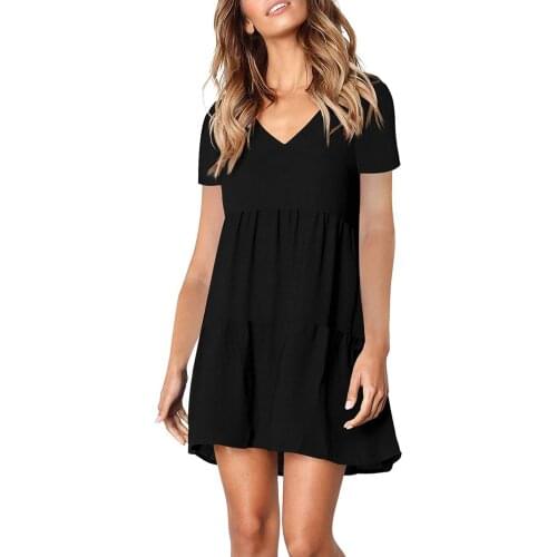 New Summer Dress Girls Boho Female Vintage Dresses Women Casual Solid V Neck Mini Dress Short Sleeve Ruffle Loose Swing Dress