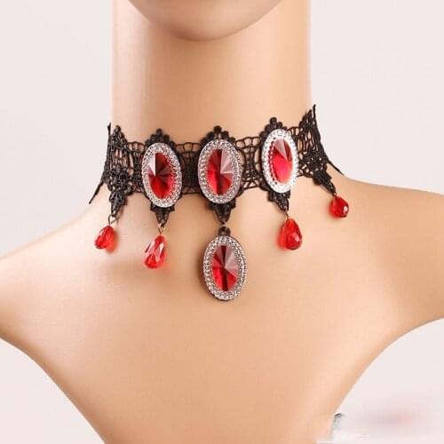 Lolita Goth Black Lace Necklace Women Fashion OL Red Crystal Aesthetic Choker Chain Hallowmas Party Jewelry Initial Charm Gift
