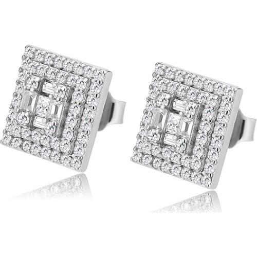 1Pair S925 Sterling Silver Geometric Square Stud Earrings Bling Ice Out Hip Hop CZ Earrings for Men Rapper Jewelry Gift