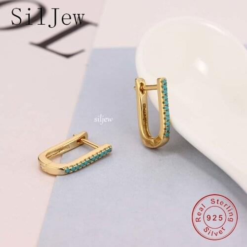 SilJew 925 Sterling Silver Gold Turquoise Zircon Huggies Piercing Rock Punk Hoop Pendiente Luxury CZ Fine Jewelry Oorbellen 2021