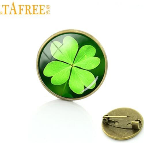 TAFREE fashion four leaf clover pin plant beautiful flower Art Picture Glass Cabochon badge women wedding jewelry brooch T673