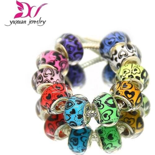 Heart-shaped love logo Acrylic European Charms Beads Silver Plated Cord Big Hole Loose Bead Fit Charms Bracelet & Bangle Jewelry