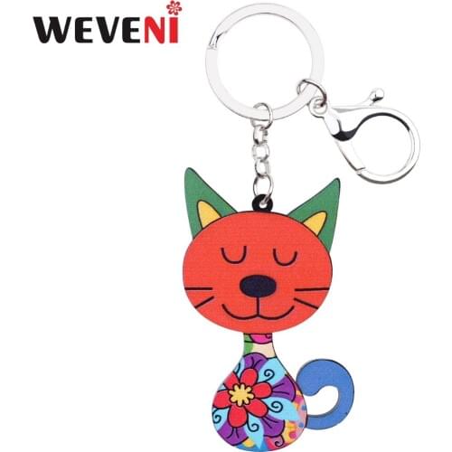 WEVENI Acrylic 2018 Jewelry Happy Cat Key Chains Keychain For Women Girl Bag Driving Car Key Holder Wallet Charms Keychain GIFT