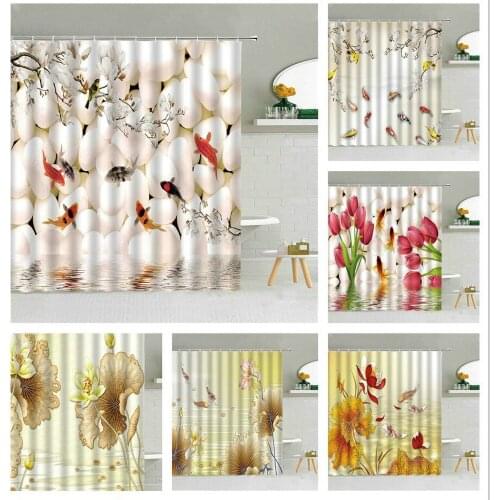 Chinese Style Shower Curtain Flower Bird Goldfish Lotus Tulip Landscape Beautiful Season Painting With Hook Bathroom Curtains