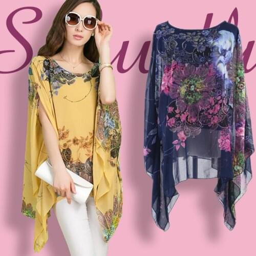 New Spring Summer Womens T-Shirts Chiffon batwing flowing irregular flowers Autumn Europe Plus Size Tops Tees Shirts women
