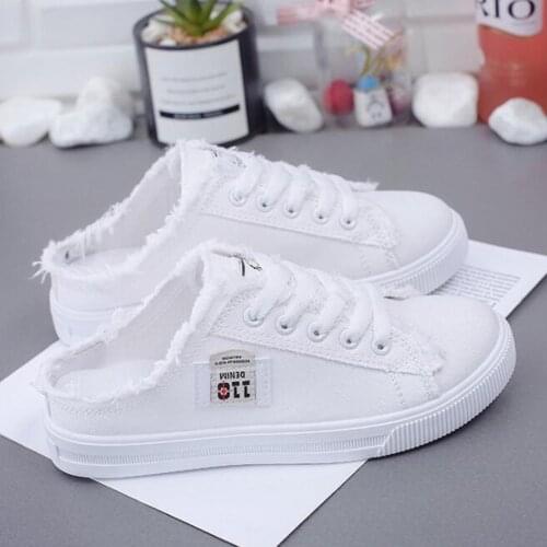 New Summer Women Half Drag Canvas Shoes Flat Sneakers Female Casual Shoes low upper Lace Up White Shoes chaussure femme qq718