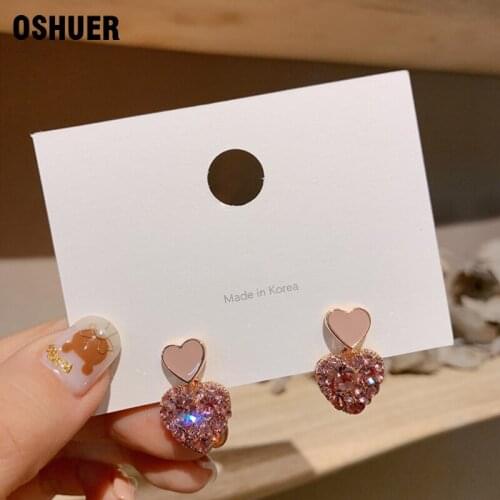OSHUER Delicate Jewelry Heart Rhinestone Earrings Pink Enamel Small stud Earrings Golden Jewelry For Women Student Gifts