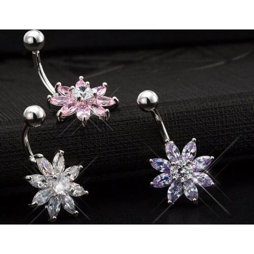 FORSEVEN Summer Women Hot Sexy Flower Cubic Zircon Belly Button Ring Navel Bar Barbell Body Piercing Jewelry Accessories