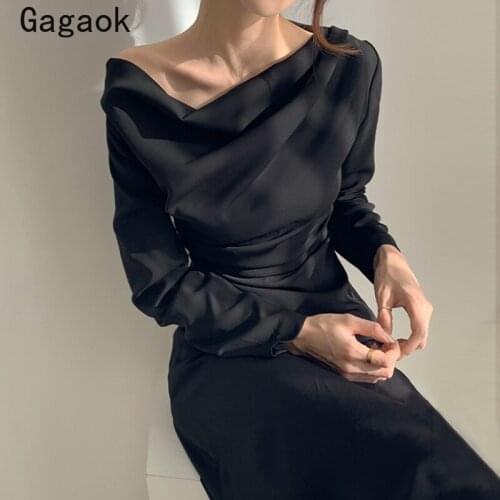 Gagaok Woman Dress 2021 Spring Autumn New Empire A-Line Solid Slash Neck Elegant Midi Dresses Korean Chic Wild Fashion Vestidos