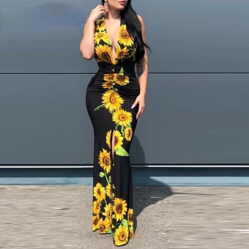 Women Deep V-Neck Plunge Sunflower Print Dress Slit Maxi Dress Maxi Dress Elegant 2021 Summer Fashion Chic Dress Dropshipping