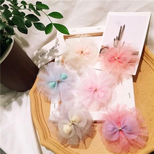 5Pcs Mesh Furry Ball Bowknot Applique For DIY Clothes Shoes Hat Headwear Clips Crafts Decor Patches