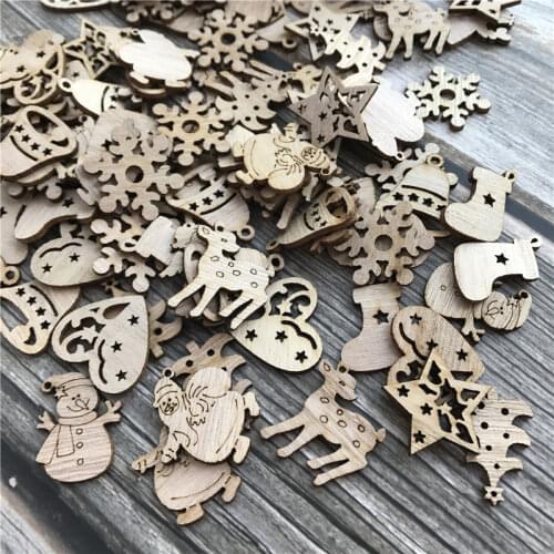 50Pcs DIY Natural Wooden Chip Santa Claus Christmas Tree Hanging Ornaments Pendant Kids Gifts Snowman Tree Shape Xmas Decoration