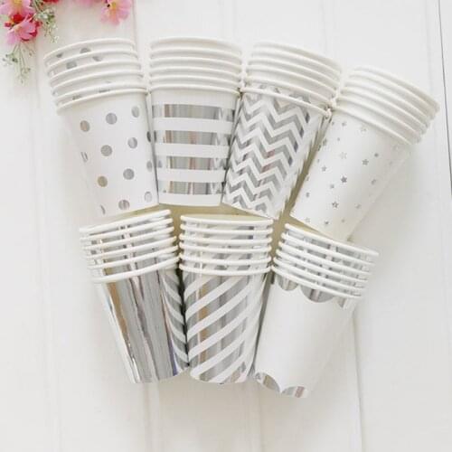 8 Pcs/Lot 270ML Foil Silver Stripes Dot Star Paper Cups Wedding Birthday Party Tableware Disposable Cups Party Supplies