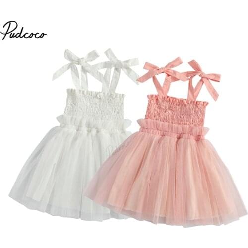 Infant Baby Girls Camisole Elastic Dress with Mesh Stitching, Cute Bow Decoration Sweet Princess Summer Clothing 6M-4Y