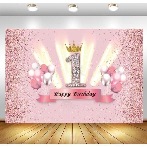 Pink Sweet 1th Photography Backdrop Crown Baby Shower Newborn Girls Happy Birthday Party Custom Photo Background Decor Banner