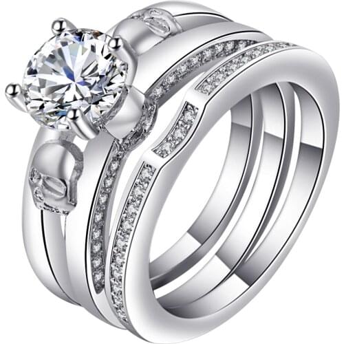 Hainon 3 Rounds Cubic Zirconia Paved Engagement Rings Sets Silver Color Crystal Party Skull Jewelry For Women Anel