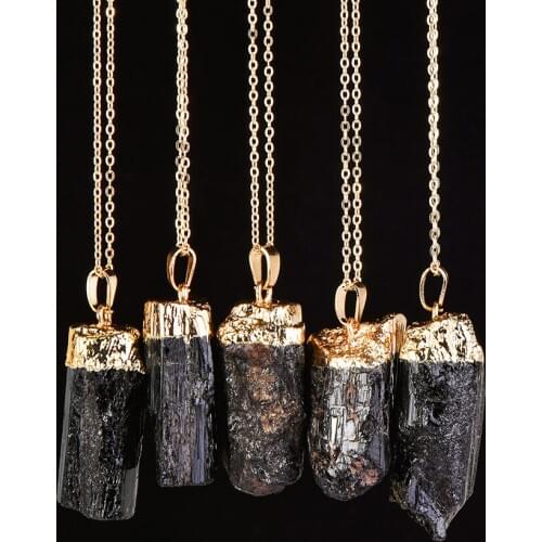 New Gold Silver Dipped irregular Raw healing Black Tourmaline Pendant Raw Stone Healing Crystal natural chakra stone pendant