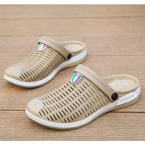 New mens sandals hollow breathable beach 39 lightweight casual slippers with holes garden shoes mesh clogs summer knit sandalias