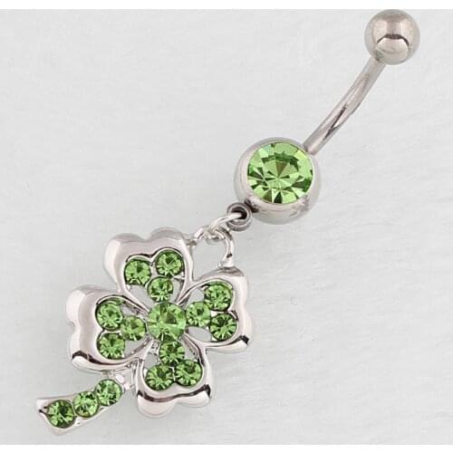 New Fashion Sexy Green Rhinestone Lucky Clover Belly Rings for Women Body Piecing Jewelry