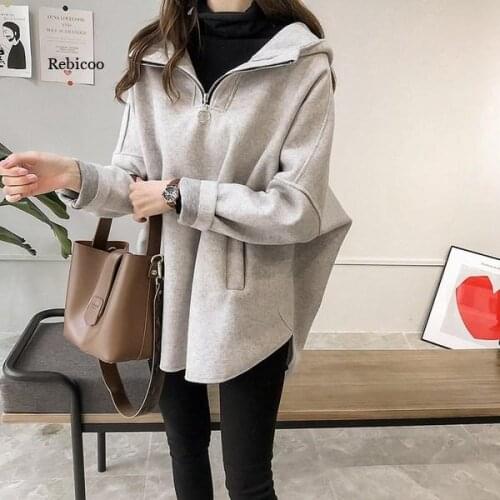 Spring Autumn New Womens Hoodies Large Size Loose Fake Two-Piece Solid Color Hooded Korean Fashion Mid-Length Cotton Top