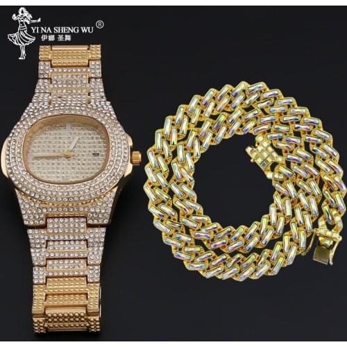 Hip Hop 1Set Necklace & Watch Gold Color Full Iced Out Paved Rhinestones Geometric Square Cuban Chain CZ Bling Men Jewelry 15MM