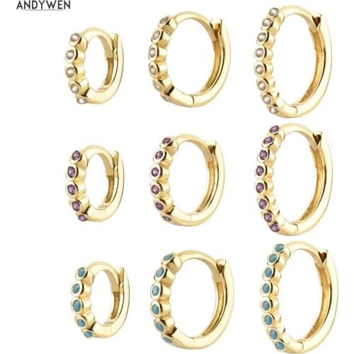 ANDYWEN 925 Sterling Silver 6mm 8mm 10mm Rainbow CZ Huggies 18 Types Circle Round Clips Piercing Zircon Loops Pendientes Loops