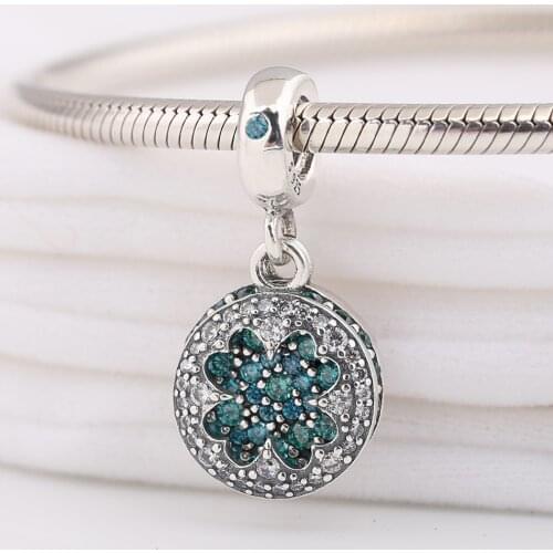 Authentic S925 Dazzling Petals Pendant Hanging Bead Clover Charm fit Lady Bracelet Bangle DIY Jewelry