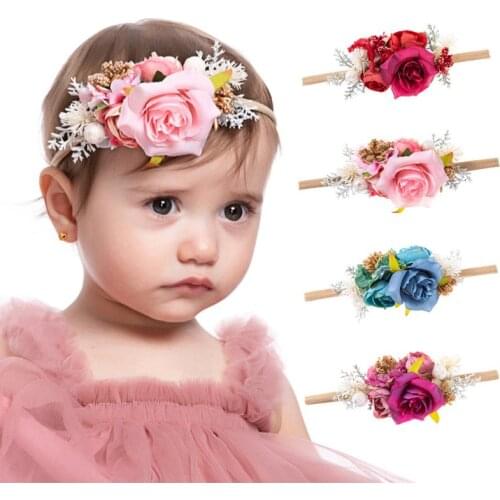 Baby Girl Artificial Flower Headbands for Girls Newborn Pearl Headbands Nylon Elastic Toddler Handmade Floral Infant Hair Bands